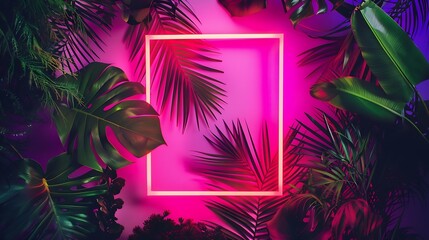 Poster - Creative fluorescent color layout made of tropical leaves with neon light square Flat lay Nature concept : Generative AI