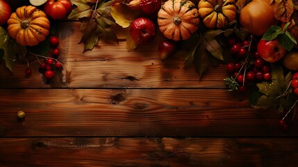 Wall Mural - Wood background with autumn vegetables and fruits copy space : Generative AI