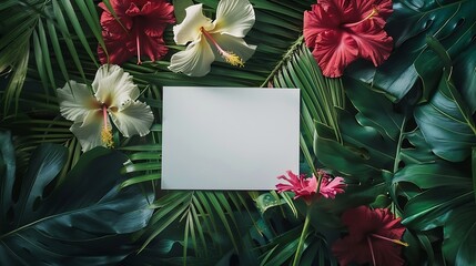 Poster - Creative layout made of tropical flowers and leaves with paper card note Flat lay Nature concept : Generative AI