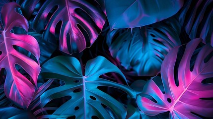 Poster - Creative fluorescent color layout made of tropical leaves Flat lay neon colors Nature concept : Generative AI