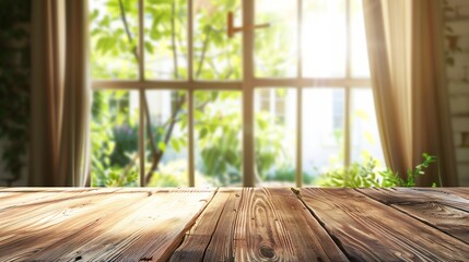 Poster - selective focusEmpty of wood table top on blur of curtain window and abstract green from garden with sunlight For montage product display or design key visual layout : Generative AI