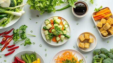 Wall Mural - Top view of fresh vegetables and fried tofu arranged on white table with sauce prepared for vegetarian salad : Generative AI