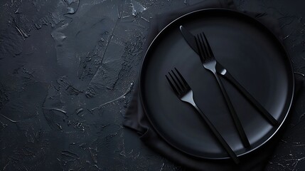 Poster - black empty plate and cutlery fork and knife on a dark textured background The concept of a layout for the design of a restaurant menu website or design Vertical layout of food photos : Generative AI