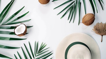 Poster - Summer composition Tropical palm leaves hat photo frame coconut on white background Summer concept Flat lay top view copy space : Generative AI
