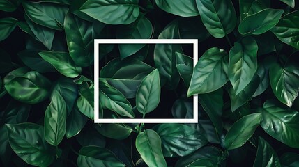 Wall Mural - creative layout green leaves with white square frame flat lay for advertising card or invitation : Generative AI