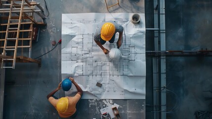 Team of young man and woman engineer and architects working meeting discussingdesigning planing measuring layout of building blueprints in construction site floor at factorytop view  c : Generative AI