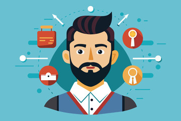 Poster - A man with a beard is standing among various icons, Barber Customizable Disproportionate Illustration