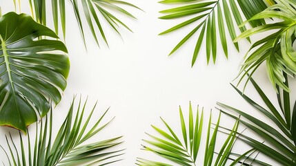 Poster - Tropical palm leaves on white background Summer concept Flat lay top view copy space : Generative AI