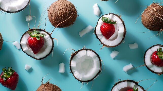 creative layout made of coconuts and strawberry flat lay food concept : generative ai