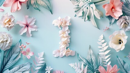 Poster - Creative layout with colorful flowers leaves and number one Anniversary conceptFlat lay : Generative AI