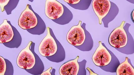 Aufkleber - Colorful fruit pattern of fresh figs on purple pastel background top view flat lay : Generative AI