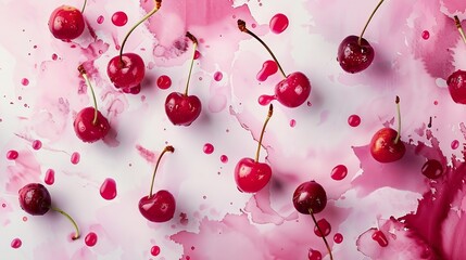 Poster - Creative layout made of cherry on the watercolor background Flat lay Food concept : Generative AI