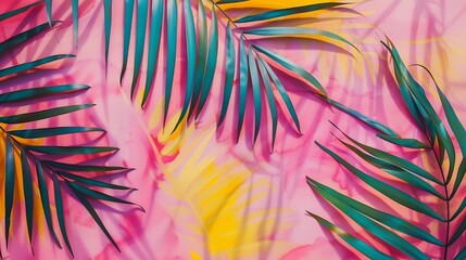 Poster - Tropical bright colorful background with exotic painted tropical palm leaves Minimal fashion summer concept Flat lay : Generative AI