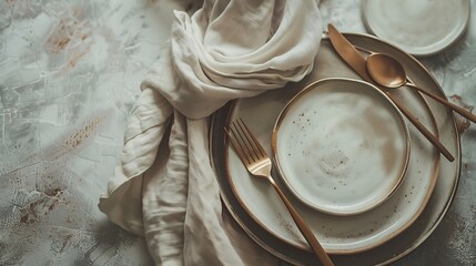 Leinwandbilder - From above sophisticated easter table setting featuring stacked ceramic plates rose gold cutlery and a linen napkin on a textured background : Generative AI