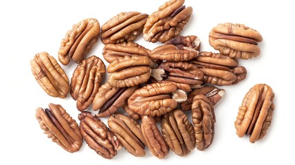 Poster - Fresh pecans isolated on white background Nuts scattered Top view Vertical layout  Package design element with clipping path : Generative AI