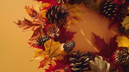 Poster - Autumn composition Wreath made of autumn leaves pine cones anise star Flat lay top view copy space : Generative AI