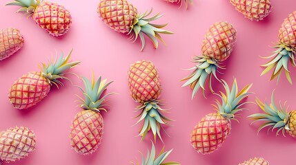 Aufkleber - Colorful fruit pattern of fresh pineapples on pink background From top view : Generative AI