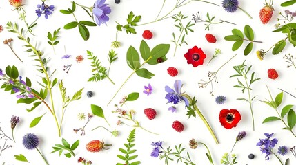 Aufkleber - Seamless pattern from plants wild flowers and  berries isolated on white background flat lay top view The concept of summer spring Mothers Day March 8 : Generative AI