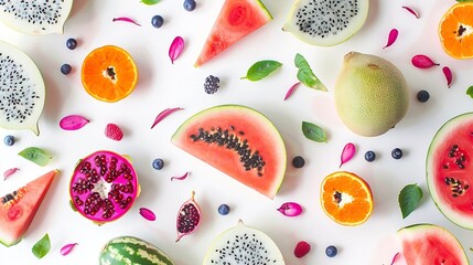 Aufkleber - creative layout made of summer fruits tropical flat lay food concept melon watermelon mangosteen dra