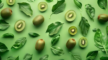 Poster - Creative layout made of kiwi and leaves Flat lay Food concept Kiwi on green background : Generative AI
