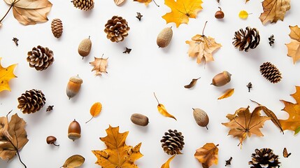 Poster - Autumn composition Frame made of autumn leaves acorn pine cones on white background Flat lay top view copy space : Generative AI