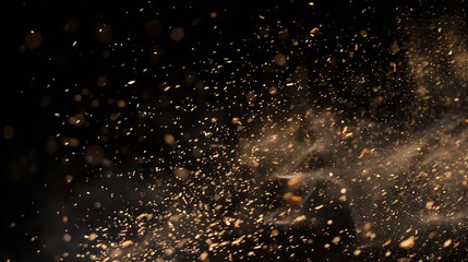Dust and wood chips on a black background Dirt particles fly in the air Layout for design Some dust particles are blurred to transmit the effect of motion : Generative AI