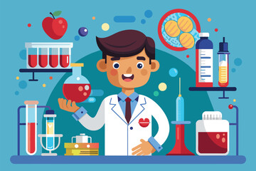 Poster - A man in a lab coat holding a glass container in a laboratory setting, Blood research Customizable Cartoon Illustration