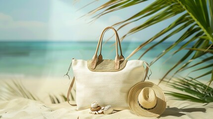 Wall Mural - Stylish beach bag with accessories and tropical beach in the background summer vacations concept : Generative AI