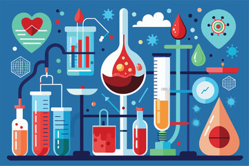 Poster - a variety of science equipment on a blue background highlighting tools used in research and experime