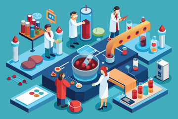 Poster - A group of scientists conducting blood research in a lab setting, working together on experiments and analysis, Blood research Customizable Isometric Illustration