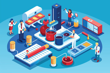 Sticker - A group of individuals standing around a machine used for blood research, depicted in a customizable isometric illustration, Blood research Customizable Isometric Illustration