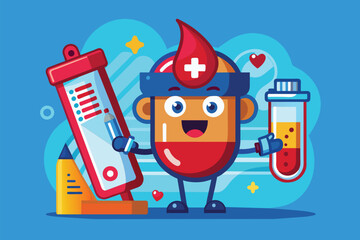 Poster - Cartoon character holding a test tube while examining a blood sample in a laboratory setting, Blood test Customizable Cartoon Illustration