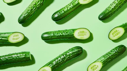 Wall Mural - Creative layout made of cucumber on the green background Flat lay Food concept : Generative AI
