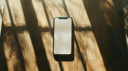 Aufkleber - Blank screen mobile phone with copy space on wooden side table Flat lay top view Copy space mockup template : Generative AI