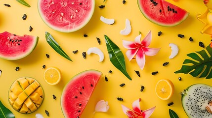 Aufkleber - Creative layout made of melon watermelon dragon fruit mango and flowers on yellow background  Tropical flat lay Summer fruits concept : Generative AI