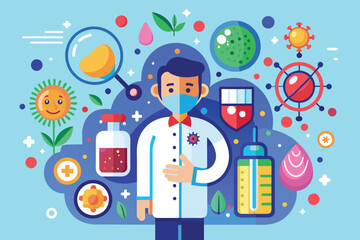 Poster - A man in a lab coat holding a bottle of liquid, Boost your immune system Customizable Semi Flat Illustration