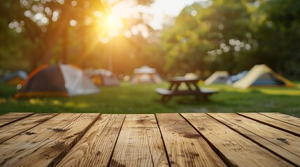 Aufkleber - Wooden table top on blur tent camping travel tent and grass fieldFresh and Relax conceptFor montage product display or design key visual layoutView of copy space : Generative AI