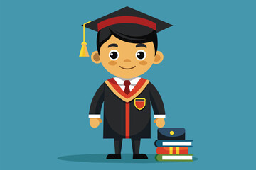 Poster - A boy in a graduation cap and gown standing next to a pile of books, Boy on graduation Customizable Cartoon Illustration