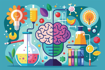 Poster - Science-themed poster showcasing a brain inside a beaker, highlighting brain chemistry concepts, Brain chemistry Customizable Semi Flat Illustration