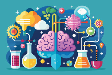 Poster - collection of science-related items like test tubes, beakers, and microscopes on a blue background, 