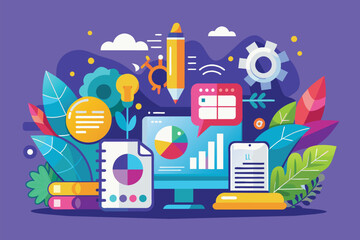 Poster - A variety of different objects scattered on a purple background, creating a visually interesting composition, Brand communication Customizable Semi Flat Illustration