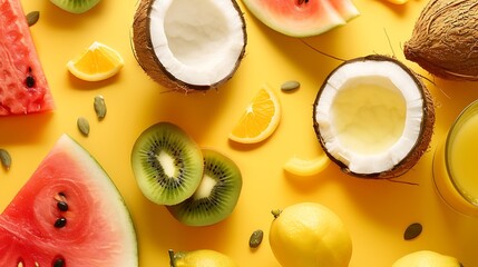 Poster - Creative layout made of summer fruits  Tropical flat lay Food concept Melon coconut watermelon kiwi apricot lemon and orange juice on yellow background : Generative AI