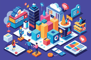 Poster - Multiple individuals gathered together, discussing content on a smartphone screen, Brand communication Customizable Isometric Illustration