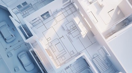 Poster - Top view of architectural design project of new modern home Creative construction studio background Abstract blueprint drawing and divider : Generative AI