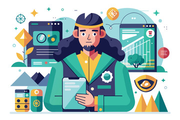 Poster - a man is holding a tablet device in his hands, focusing on the screen, brand guidelines customizable
