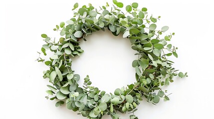 Poster - Eucalyptus on white background Wreath made of eucalyptus branches Flat lay top view copy space : Generative AI