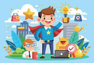 Poster - a man in a cape standing in front of a laptop, engaged in online activities, brand loyalty customiza