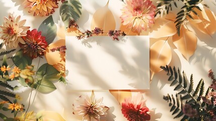 Poster - Creative layout made of flowers and leaves with paper card note Flat lay Nature concept : Generative AI