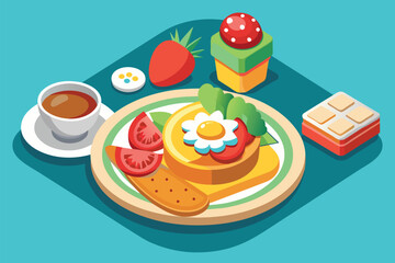 A plate of breakfast food alongside a cup of coffee, Breakfast food Customizable Semi Flat Illustration