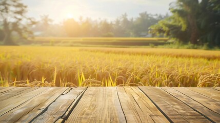 Aufkleber - Wooden table top on blur rice field background in daytimeHarvest rice or whole wheatFor montage product display or design key visual layoutView of copy space : Generative AI
